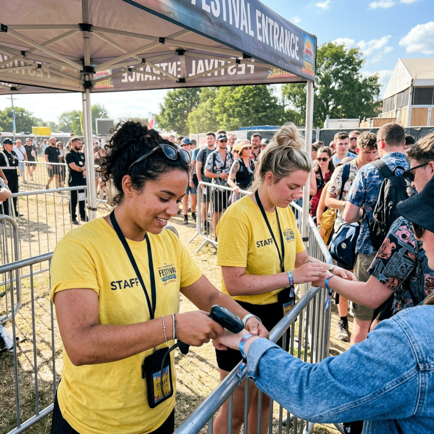 Festival staff scanning guest wristbands at the entrance to a busy outdoor event