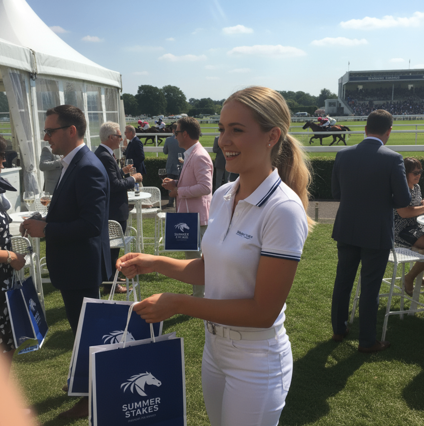 Hostess in white polo handing out branded gift bags at a summer racecourse hospitality event