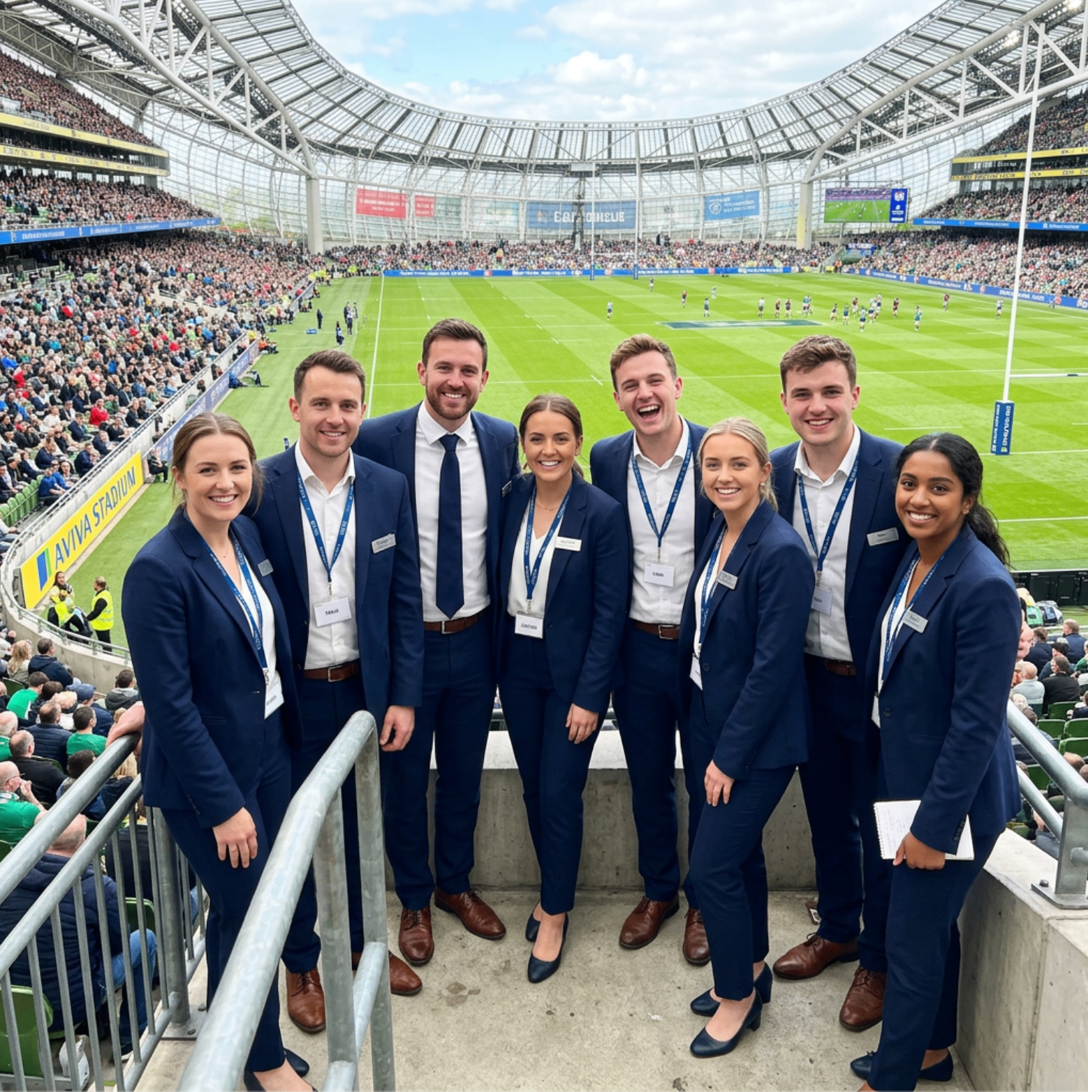 Large hospitality team in navy suits posing inside a stadium overlooking the pitch