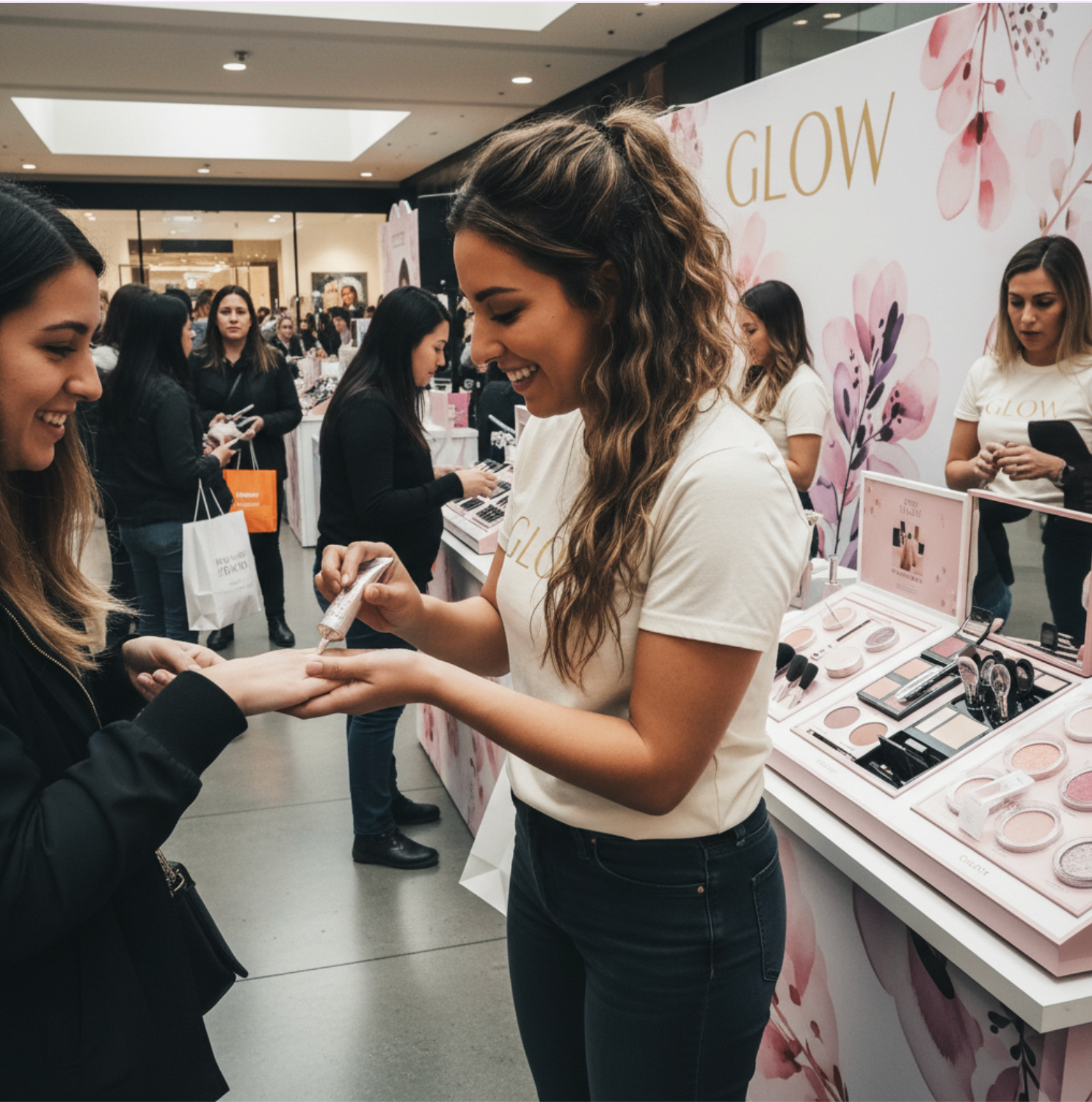 Beauty brand ambassador sampling product with a guest at a pink-themed mall activation