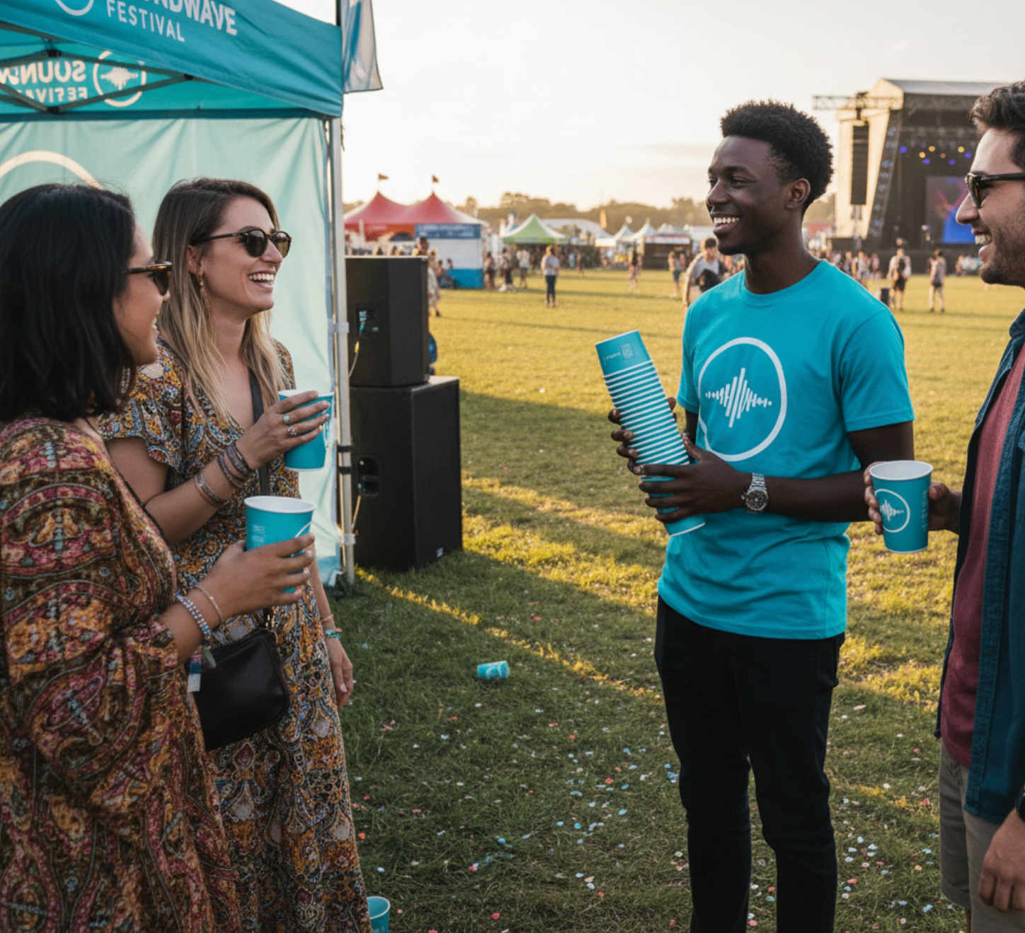 Festival brand ambassador in turquoise uniform speaking with guests while holding branded cups